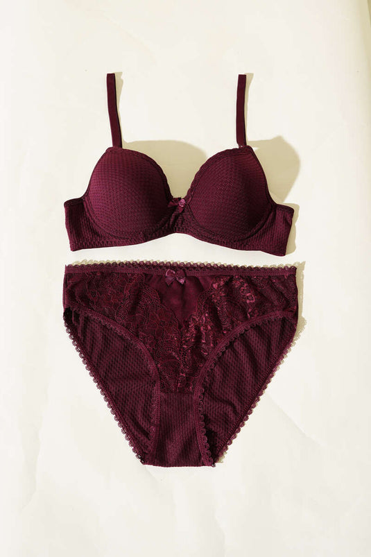 Ensemble soutien-gorge et brassière non rembourrés en dentelle jacquard, couleur prune foncée