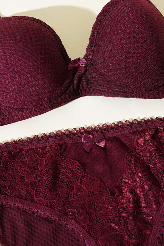 Ensemble soutien-gorge et brassière non rembourrés en dentelle jacquard, couleur prune foncée