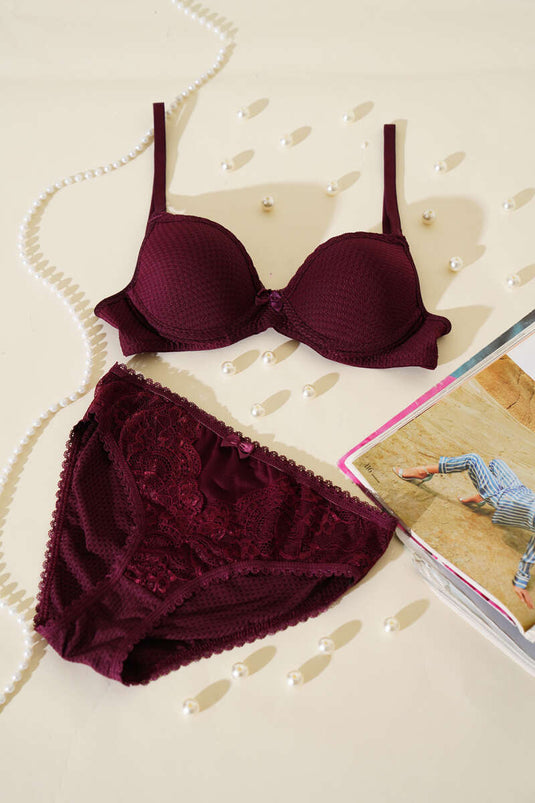 طقم حمالة صدر غير مبطنة بتفاصيل دانتيل جاكار - لون أرجواني غامق