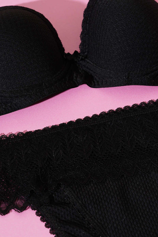 Ensemble soutien-gorge et brassière sans rembourrage, orné de dentelle jacquard noire