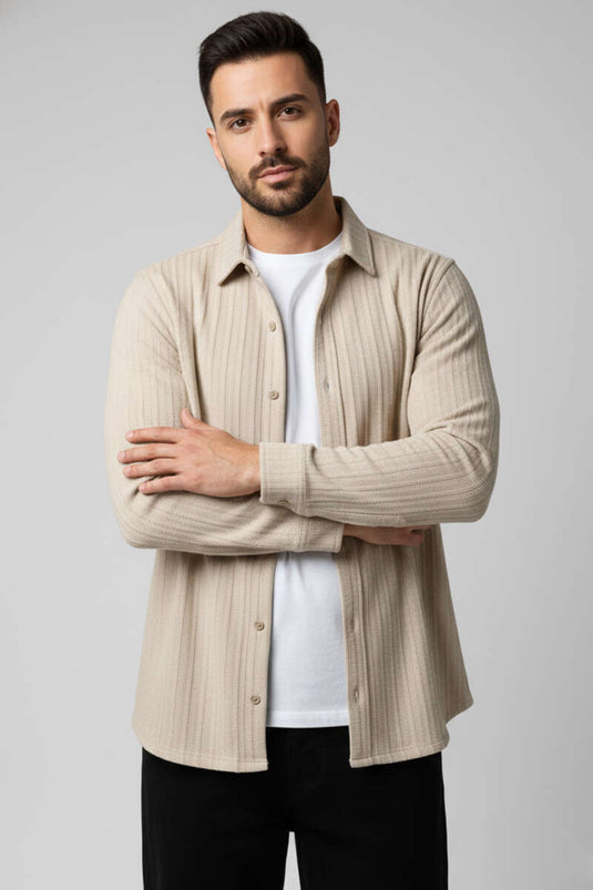 Jakarlı Erkek Gömlek Bej