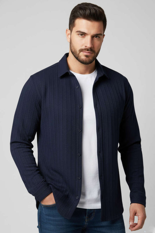 Jacquard herenoverhemd in marineblauw