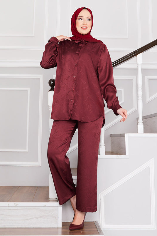 Ensemble modest fashion deux pièces pantalon jacquard bordeaux