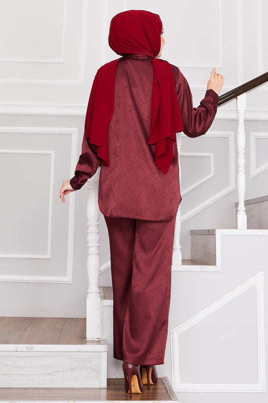 بدلة حجاب جاكار مزدوجة البنطلون باللون الأحمر الداكن
