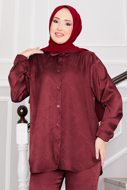 بدلة حجاب جاكار مزدوجة البنطلون باللون الأحمر الداكن