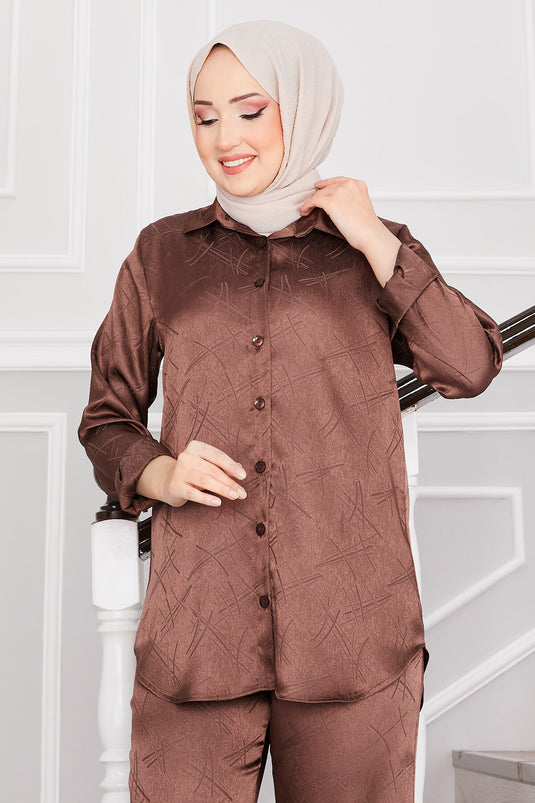 بدلة حجاب جاكار مزدوجة البنطلون باللون البني