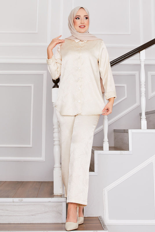 بدلة حجاب جاكار مزدوجة البنطلون كريمي