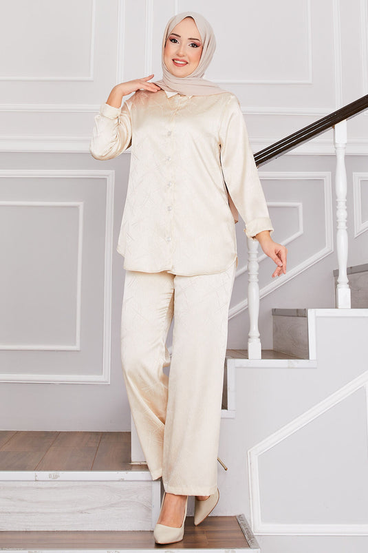 بدلة حجاب جاكار مزدوجة البنطلون كريمي