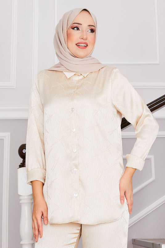 بدلة حجاب جاكار مزدوجة البنطلون كريمي