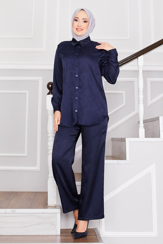 بدلة حجاب جاكار مزدوجة البنطلون باللون الأزرق الداكن