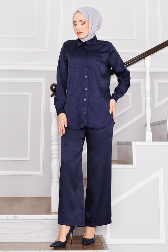 بدلة حجاب جاكار مزدوجة البنطلون باللون الأزرق الداكن