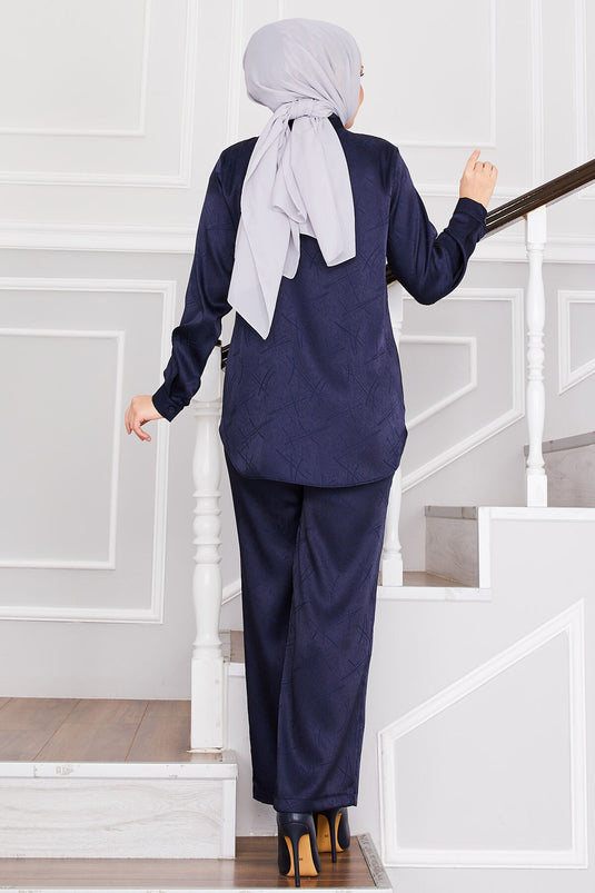 بدلة حجاب جاكار مزدوجة البنطلون باللون الأزرق الداكن