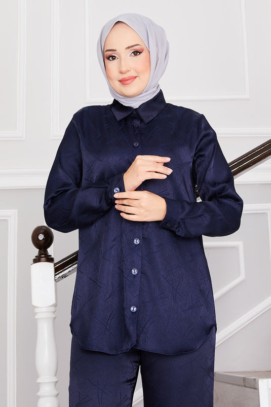 بدلة حجاب جاكار مزدوجة البنطلون باللون الأزرق الداكن