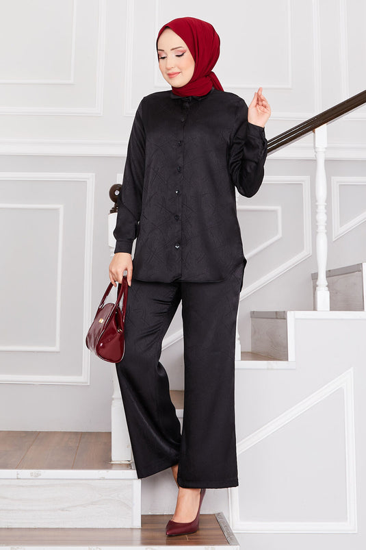 بدلة حجاب جاكار مزدوجة البنطلون باللون الأسود