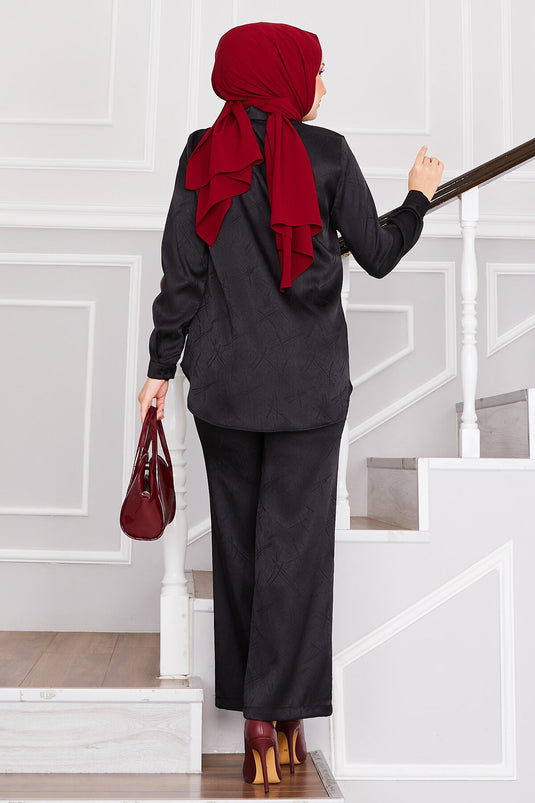 بدلة حجاب جاكار مزدوجة البنطلون باللون الأسود