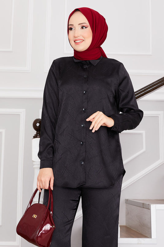 بدلة حجاب جاكار مزدوجة البنطلون باللون الأسود