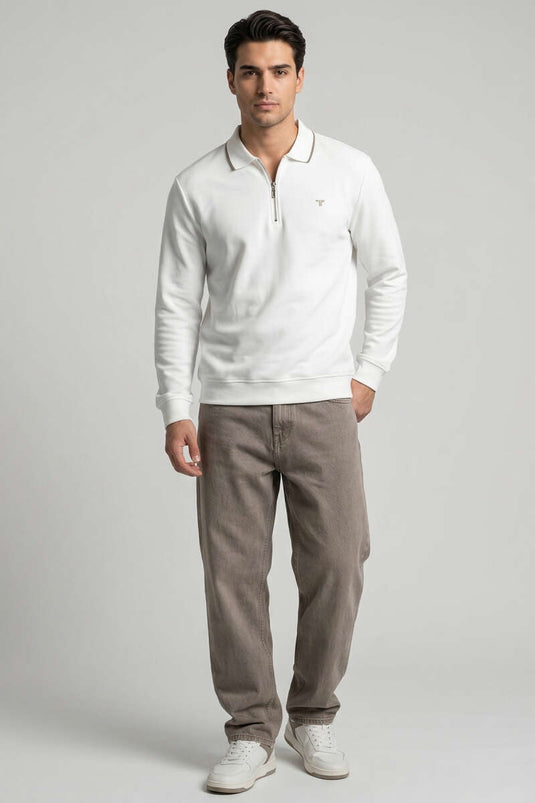 Sweat-shirt homme blanc à col polo zippé en jacquard