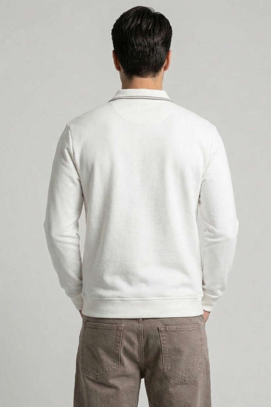 Sweat-shirt homme blanc à col polo zippé en jacquard