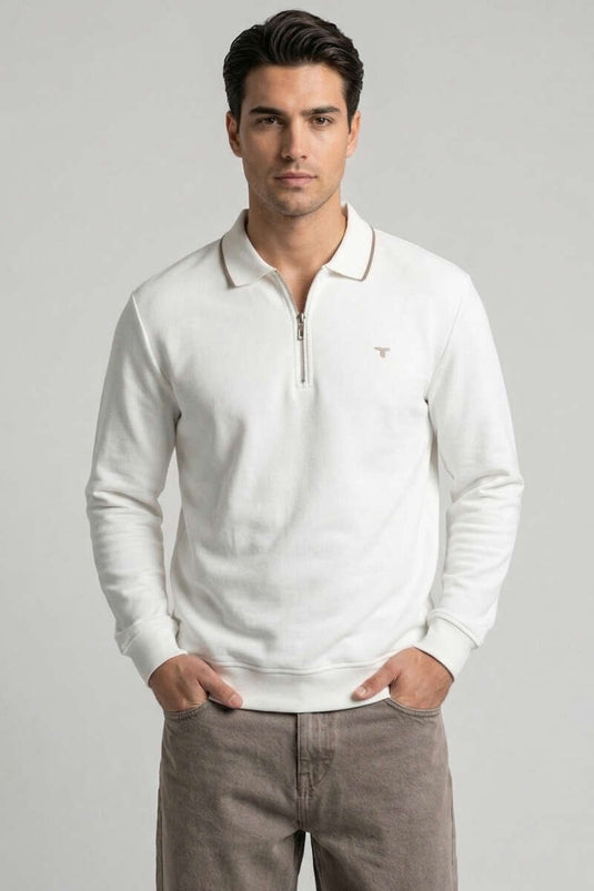Sweat-shirt homme blanc à col polo zippé en jacquard