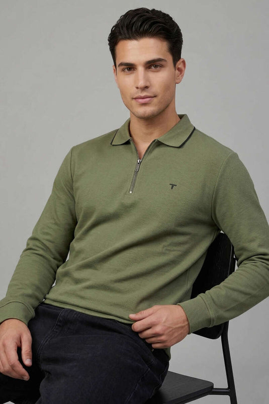 Sweat-shirt homme kaki à col polo zippé jacquard