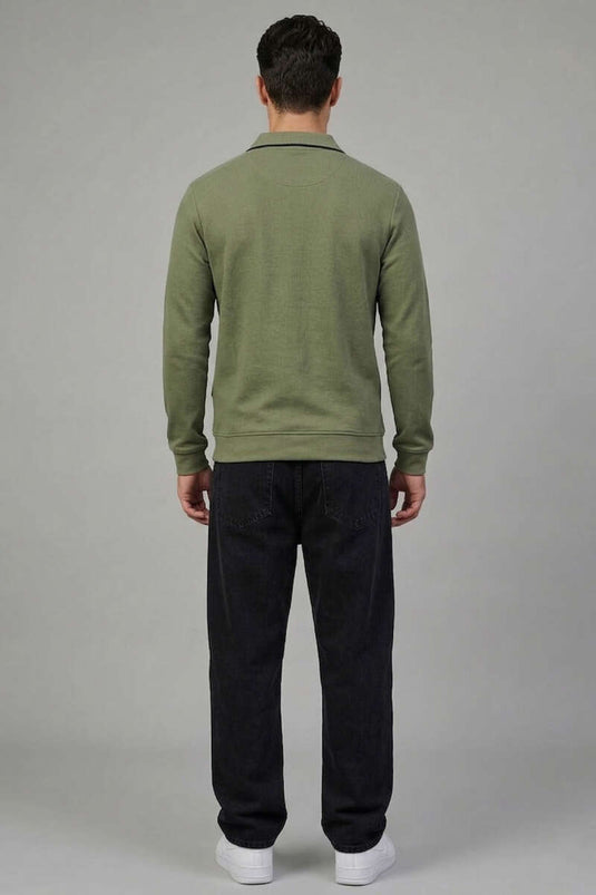 Sweat-shirt homme kaki à col polo zippé jacquard