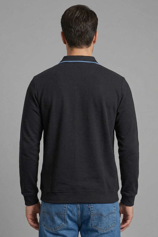 Sweat-shirt homme noir à col polo zippé en jacquard