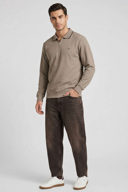 Sweat-shirt homme zippé à col polo jacquard couleur vison