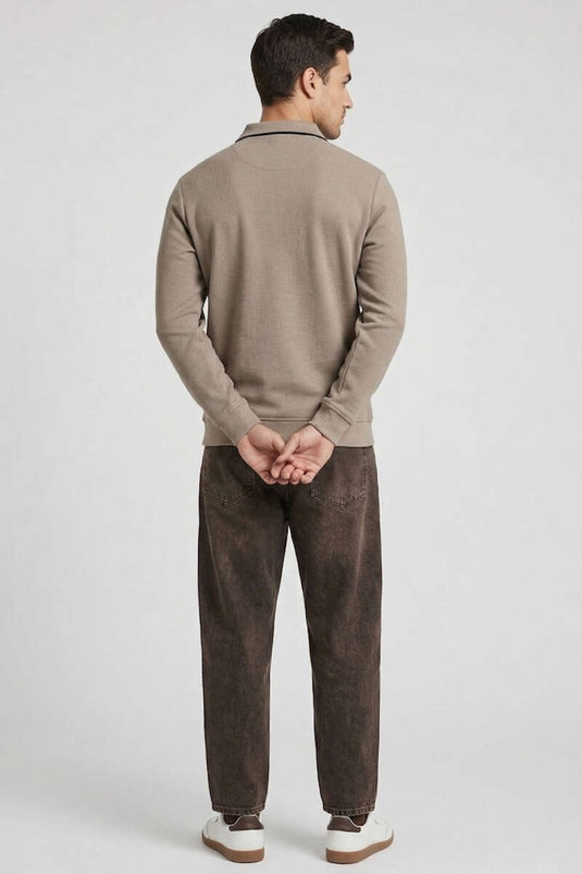 Sweat-shirt homme zippé à col polo jacquard couleur vison