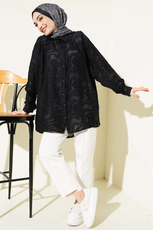 Camicia con dettagli a frange jacquard nera