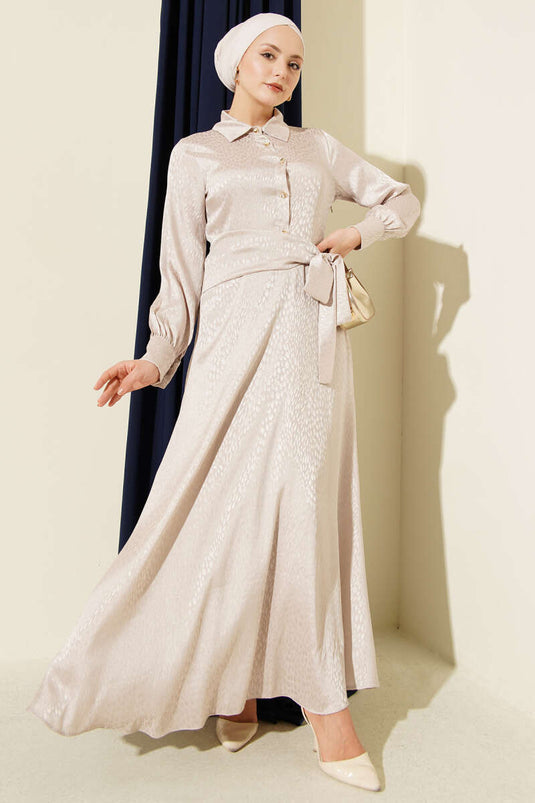 Jacquard Side-Tied Evening Dress Beige