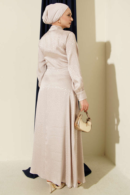 Jacquard Side-Tied Evening Dress Beige