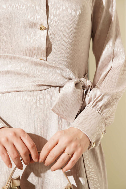 Jacquard Side-Tied Evening Dress Beige