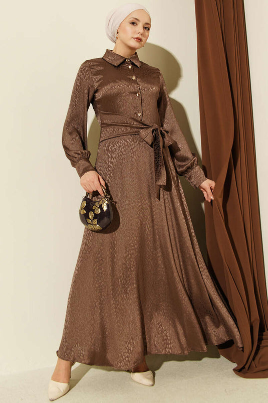 Jacquard Side-Tied Evening Dress Brown
