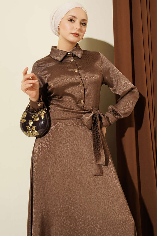 Jacquard Side-Tied Evening Dress Brown