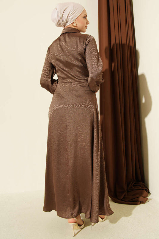 Jacquard Side-Tied Evening Dress Brown