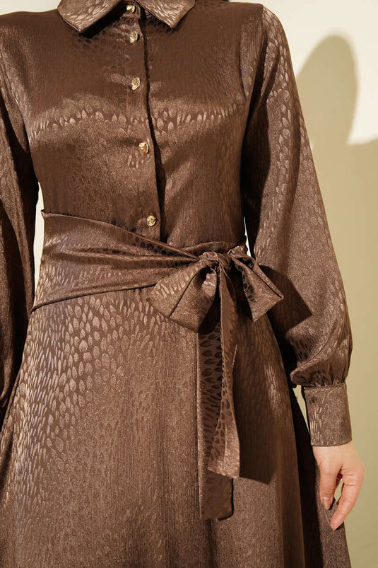 Jacquard Side-Tied Evening Dress Brown