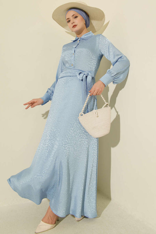 Jacquard Side-Tied Evening Dress Blue