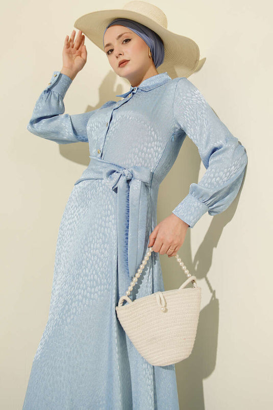 Jacquard Side-Tied Evening Dress Blue