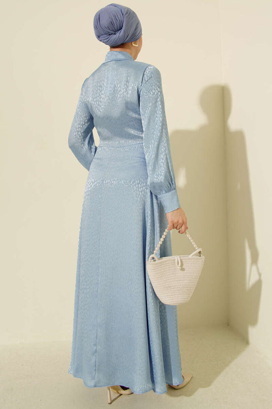 Jacquard Side-Tied Evening Dress Blue