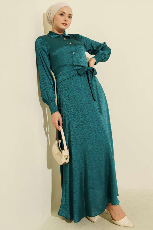 Jacquard Side-Tied Evening Dress Petrol