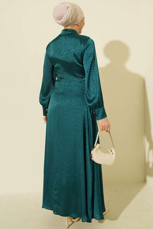 Jacquard Side-Tied Evening Dress Petrol