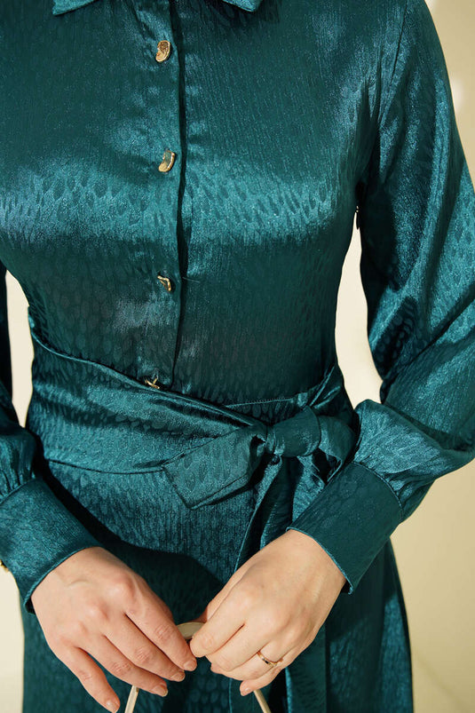 Jacquard Side-Tied Evening Dress Petrol