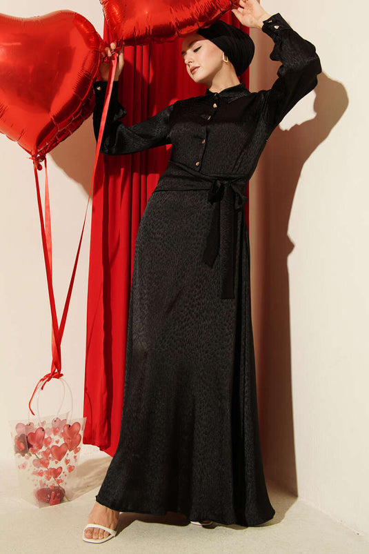 Jacquard Side-Tied Evening Dress Black