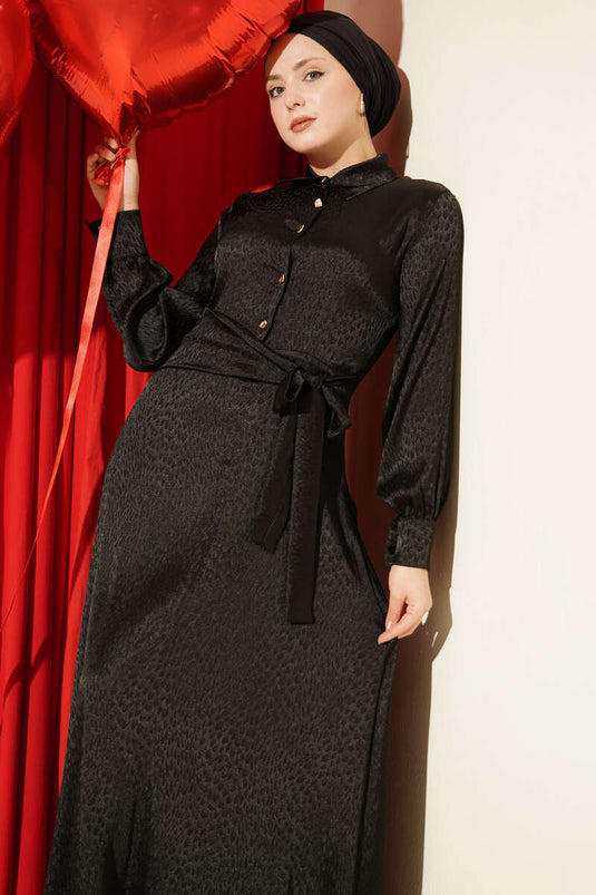 Jacquard Side-Tied Evening Dress Black