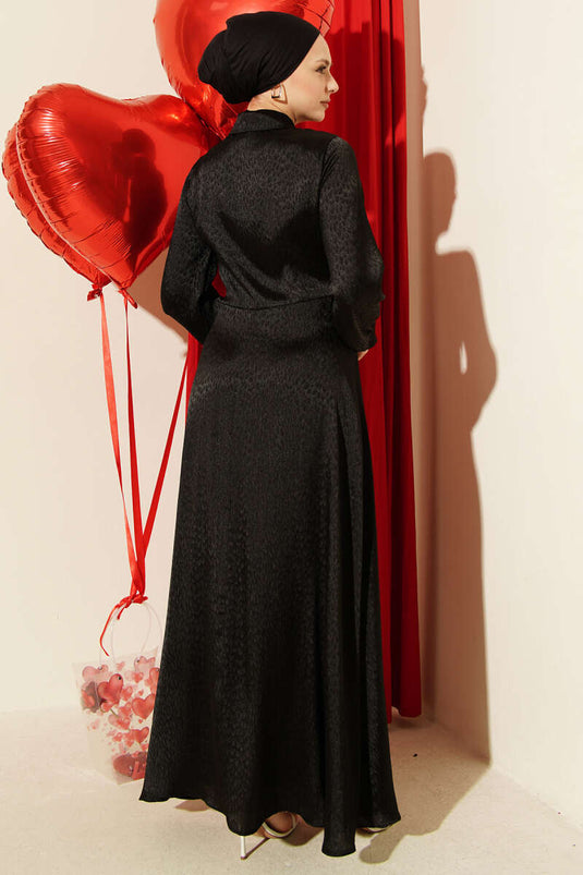 Jacquard Side-Tied Evening Dress Black