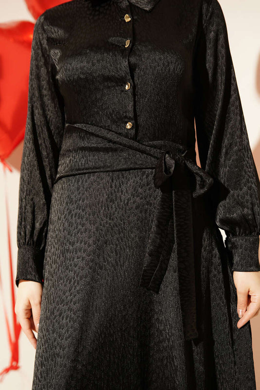 Jacquard Side-Tied Evening Dress Black