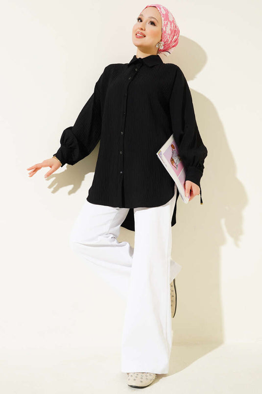 Embossed Striped Basic Shirt Black