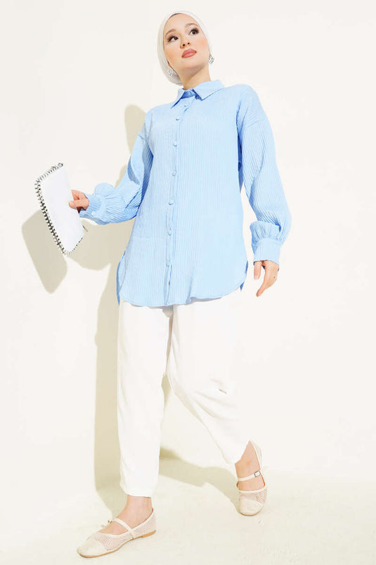 Embossed Striped Wrist String Shirt Baby Blue