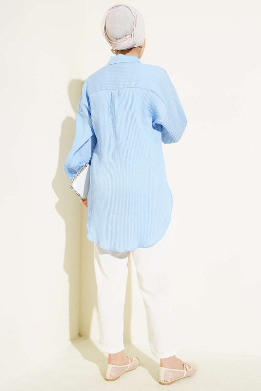 Embossed Striped Wrist String Shirt Baby Blue