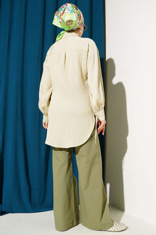 قميص مخطط منقوش بطول الكاحل باللون البيج